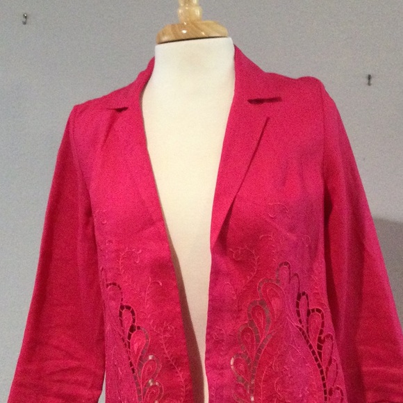 Chico's Hot Pink Cutout Linen Open Front Jacket Size 0/S/4 - Picture 2 of 16